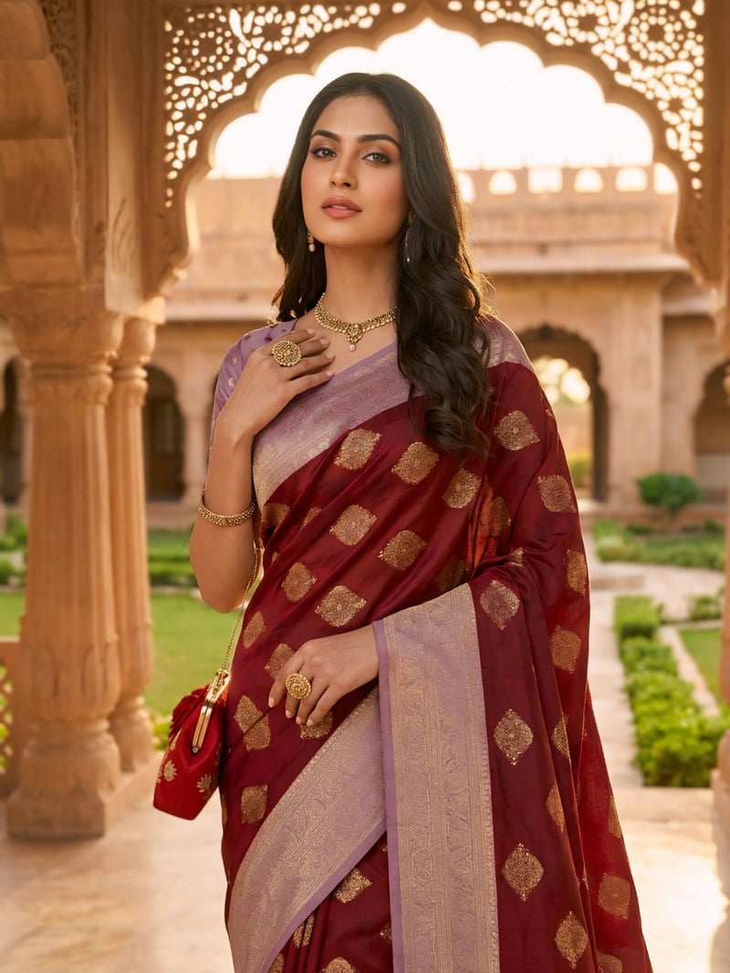 Maroon & Lavender Woven Saree with Gold Zari Motifs, Contrast Border & Rich Pallu