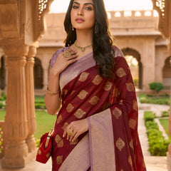 Maroon & Lavender Woven Saree with Gold Zari Motifs, Contrast Border & Rich Pallu