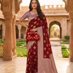 Maroon & Lavender Woven Saree with Gold Zari Motifs, Contrast Border & Rich Pallu