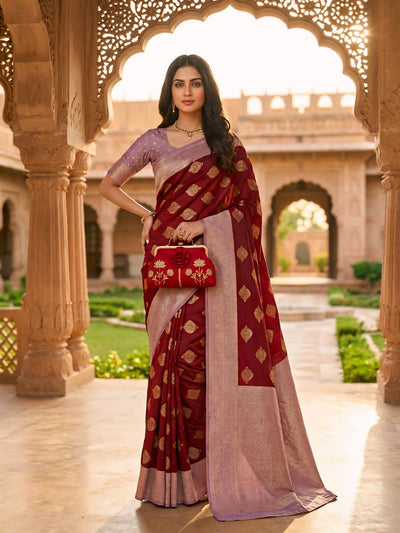 Maroon & Lavender Woven Saree with Gold Zari Motifs, Contrast Border & Rich Pallu