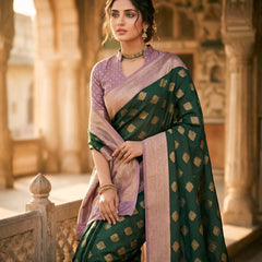 Women's Bottle Green & Lavender Jacquard Woven Saree with Gold Zari Motifs, Contrast Border & Rich Pallu
