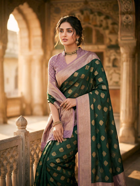 Women's Bottle Green & Lavender Jacquard Woven Saree with Gold Zari Motifs, Contrast Border & Rich Pallu