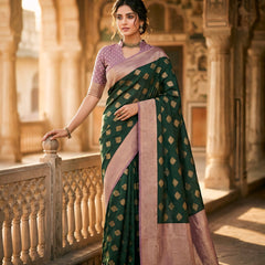 Women's Bottle Green & Lavender Jacquard Woven Saree with Gold Zari Motifs, Contrast Border & Rich Pallu
