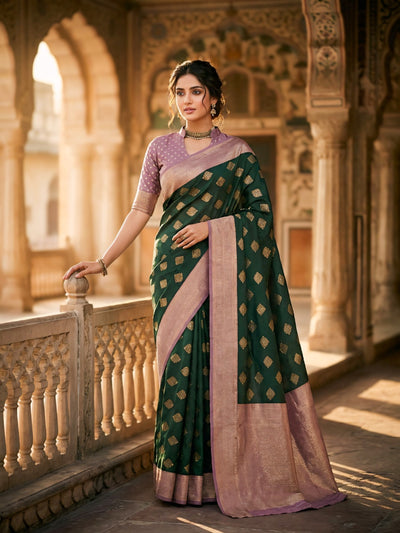 Women's Bottle Green & Lavender Jacquard Woven Saree with Gold Zari Motifs, Contrast Border & Rich Pallu