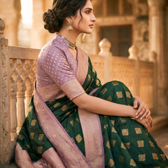 Women's Bottle Green & Lavender Jacquard Woven Saree with Gold Zari Motifs, Contrast Border & Rich Pallu