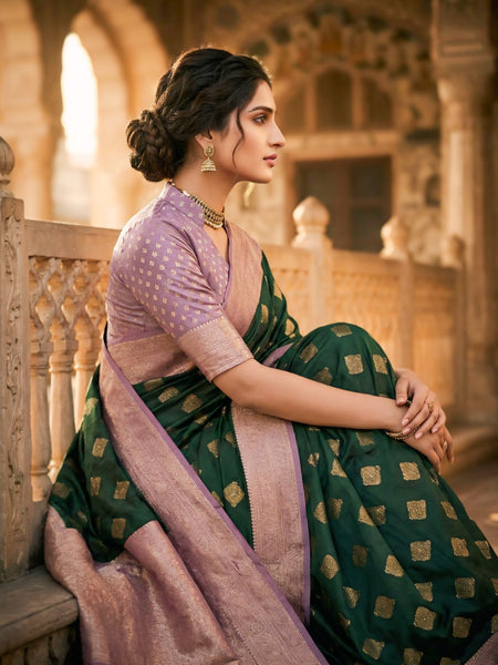 Women's Bottle Green & Lavender Jacquard Woven Saree with Gold Zari Motifs, Contrast Border & Rich Pallu