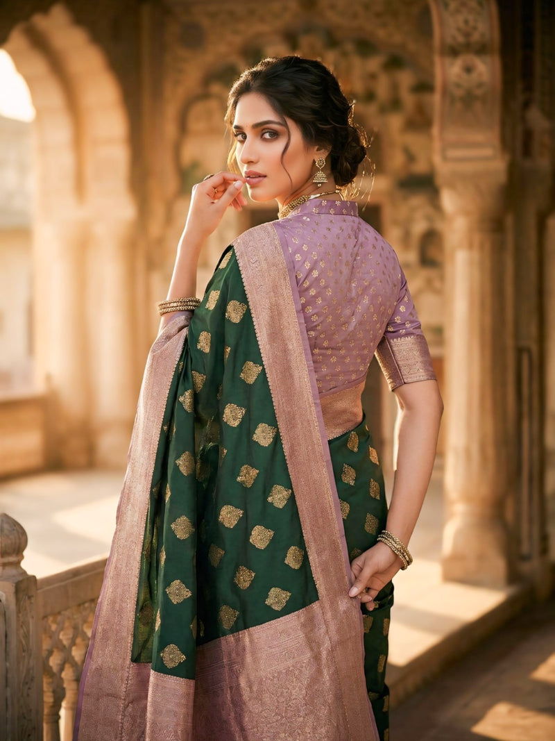 Women's Bottle Green & Lavender Jacquard Woven Saree with Gold Zari Motifs, Contrast Border & Rich Pallu