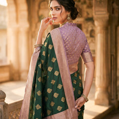 Women's Bottle Green & Lavender Jacquard Woven Saree with Gold Zari Motifs, Contrast Border & Rich Pallu