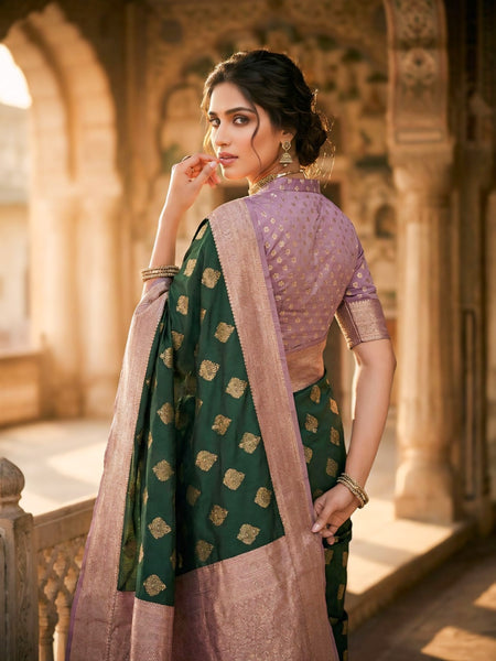 Women's Bottle Green & Lavender Jacquard Woven Saree with Gold Zari Motifs, Contrast Border & Rich Pallu
