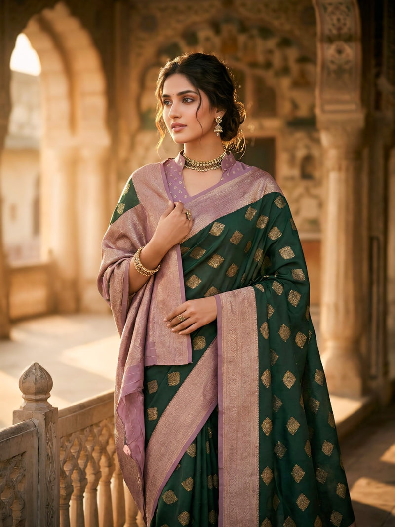 Women's Bottle Green & Lavender Jacquard Woven Saree with Gold Zari Motifs, Contrast Border & Rich Pallu