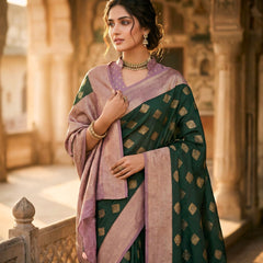 Women's Bottle Green & Lavender Jacquard Woven Saree with Gold Zari Motifs, Contrast Border & Rich Pallu