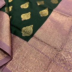 Women's Bottle Green & Lavender Jacquard Woven Saree with Gold Zari Motifs, Contrast Border & Rich Pallu