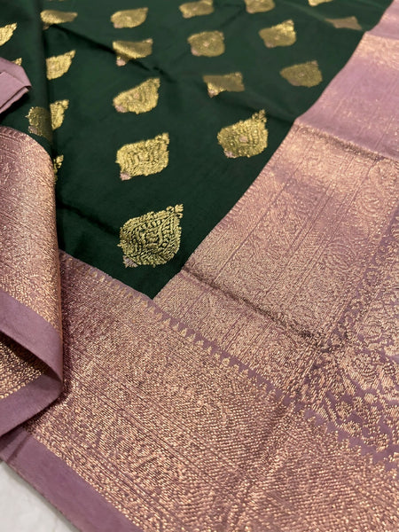 Women's Bottle Green & Lavender Jacquard Woven Saree with Gold Zari Motifs, Contrast Border & Rich Pallu