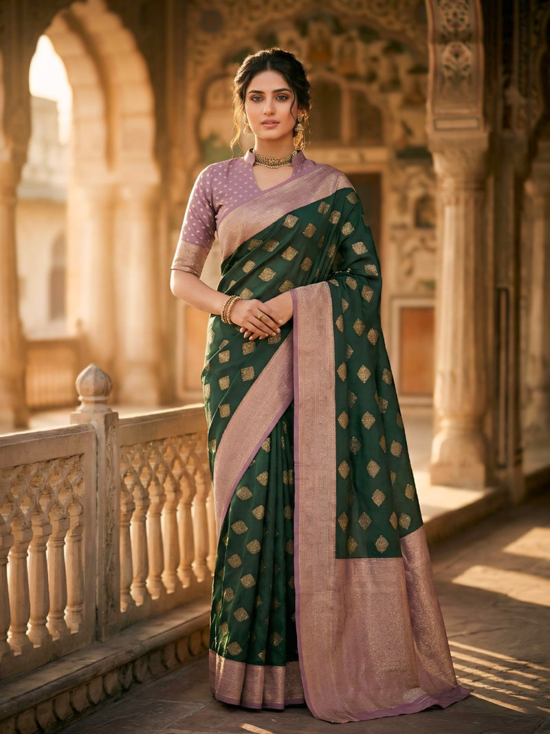 Women's Bottle Green & Lavender Jacquard Woven Saree with Gold Zari Motifs, Contrast Border & Rich Pallu