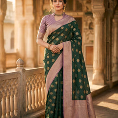 Women's Bottle Green & Lavender Jacquard Woven Saree with Gold Zari Motifs, Contrast Border & Rich Pallu