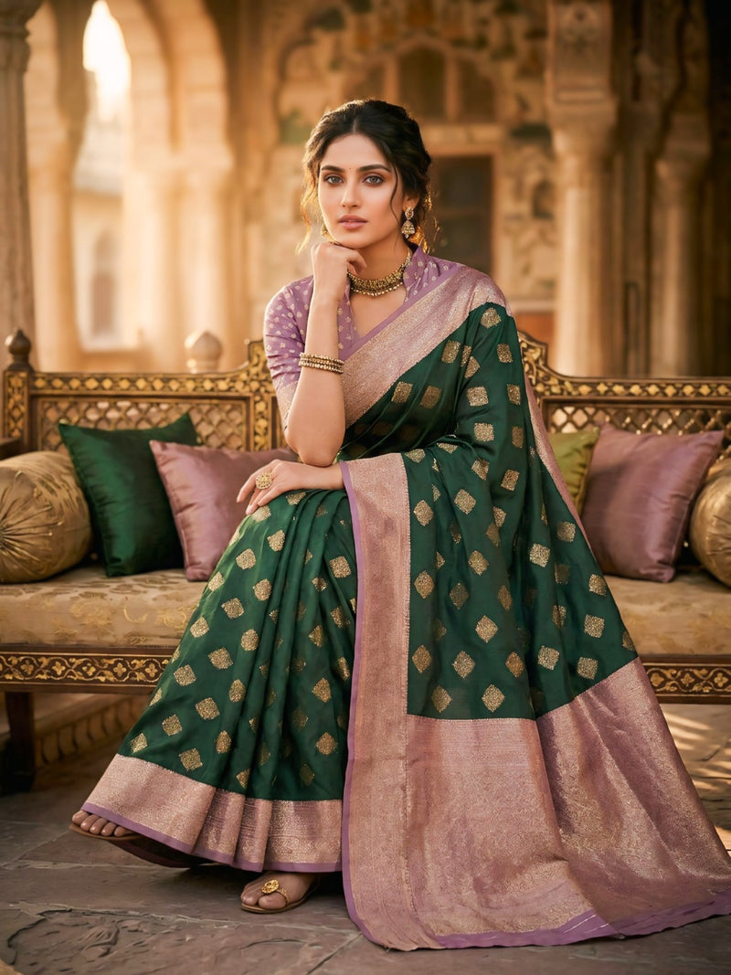 Women's Bottle Green & Lavender Jacquard Woven Saree with Gold Zari Motifs, Contrast Border & Rich Pallu