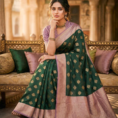 Women's Bottle Green & Lavender Jacquard Woven Saree with Gold Zari Motifs, Contrast Border & Rich Pallu