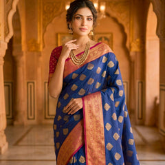 Navy Blue & Cherry Gold Jacquard Woven Saree with Gold Zari Motifs, Rich Border & Designer Pallu