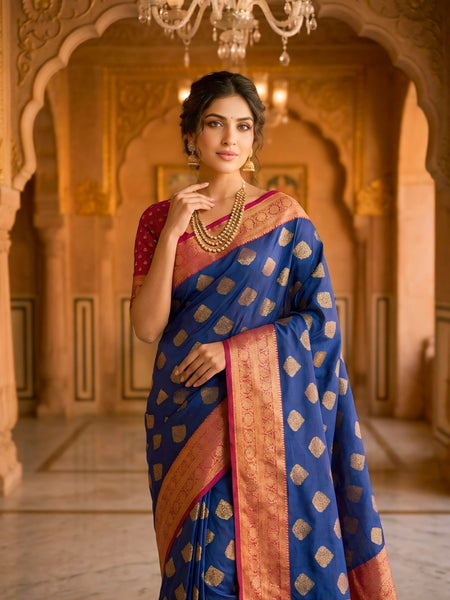 Navy Blue & Cherry Gold Jacquard Woven Saree with Gold Zari Motifs, Rich Border & Designer Pallu