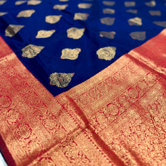 Navy Blue & Cherry Gold Jacquard Woven Saree with Gold Zari Motifs, Rich Border & Designer Pallu
