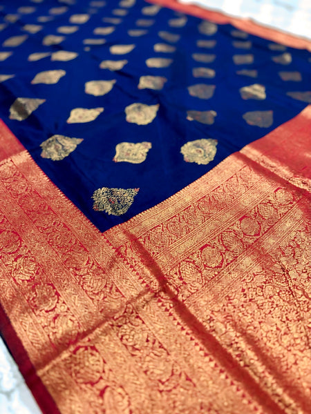 Navy Blue & Cherry Gold Jacquard Woven Saree with Gold Zari Motifs, Rich Border & Designer Pallu