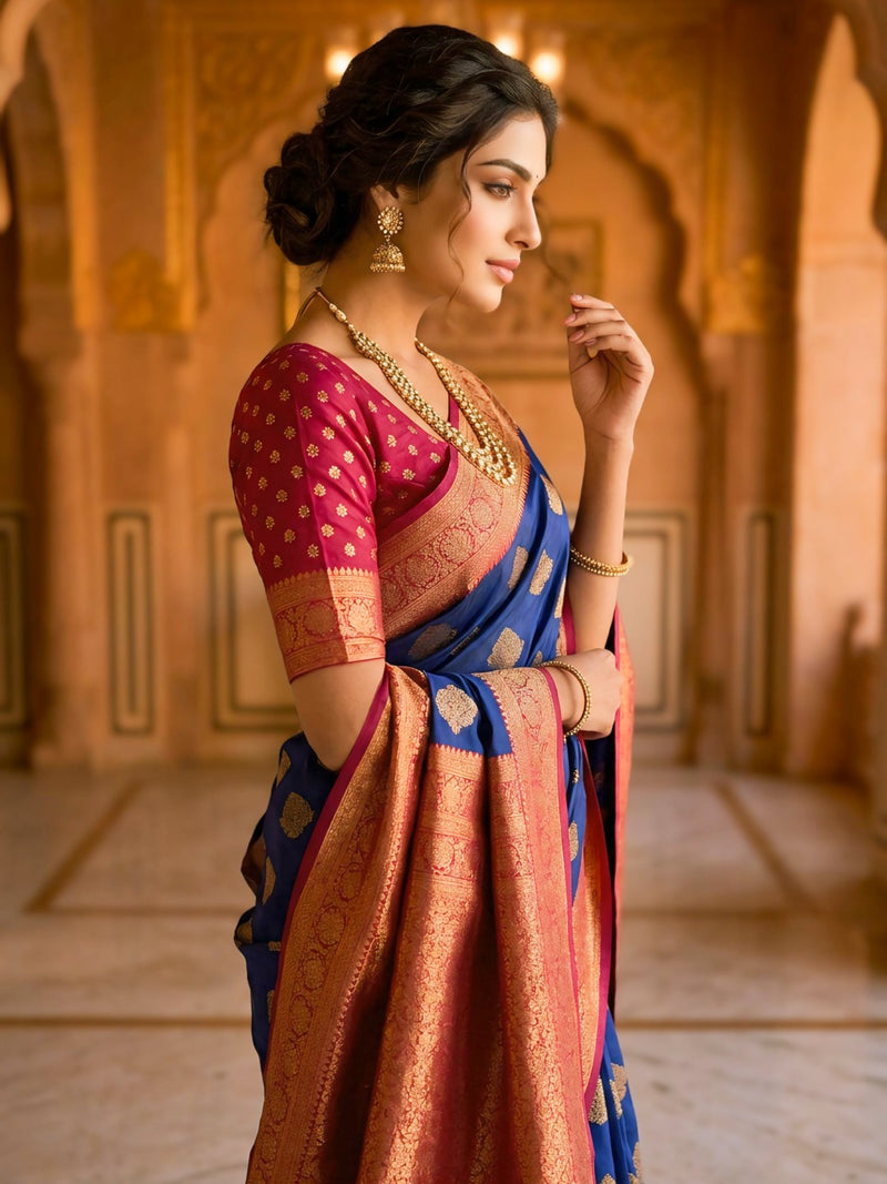 Navy Blue & Cherry Gold Jacquard Woven Saree with Gold Zari Motifs, Rich Border & Designer Pallu