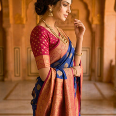 Navy Blue & Cherry Gold Jacquard Woven Saree with Gold Zari Motifs, Rich Border & Designer Pallu