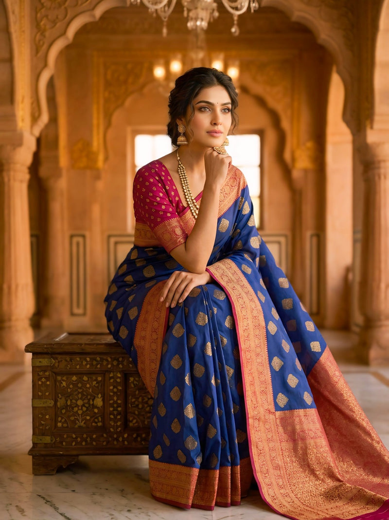 Navy Blue & Cherry Gold Jacquard Woven Saree with Gold Zari Motifs, Rich Border & Designer Pallu