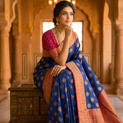 Navy Blue & Cherry Gold Jacquard Woven Saree with Gold Zari Motifs, Rich Border & Designer Pallu