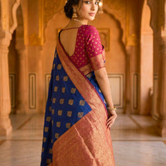Navy Blue & Cherry Gold Jacquard Woven Saree with Gold Zari Motifs, Rich Border & Designer Pallu