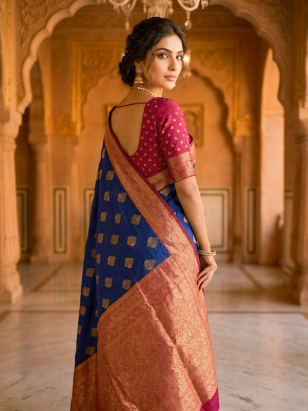 Navy Blue & Cherry Gold Jacquard Woven Saree with Gold Zari Motifs, Rich Border & Designer Pallu