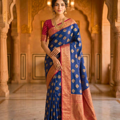Navy Blue & Cherry Gold Jacquard Woven Saree with Gold Zari Motifs, Rich Border & Designer Pallu