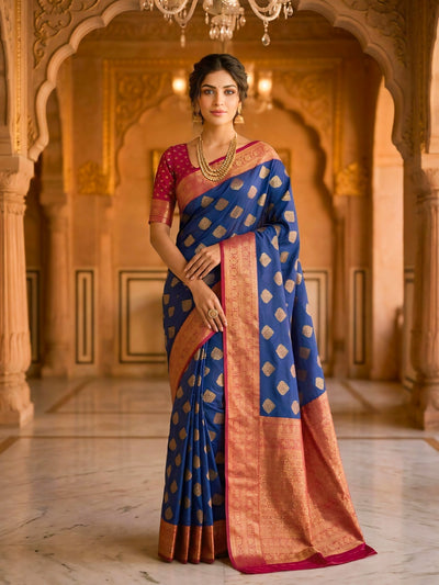 Navy Blue & Cherry Gold Jacquard Woven Saree with Gold Zari Motifs, Rich Border & Designer Pallu