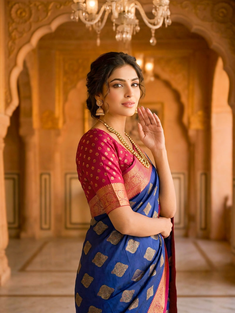 Navy Blue & Cherry Gold Jacquard Woven Saree with Gold Zari Motifs, Rich Border & Designer Pallu