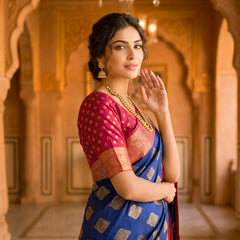 Navy Blue & Cherry Gold Jacquard Woven Saree with Gold Zari Motifs, Rich Border & Designer Pallu