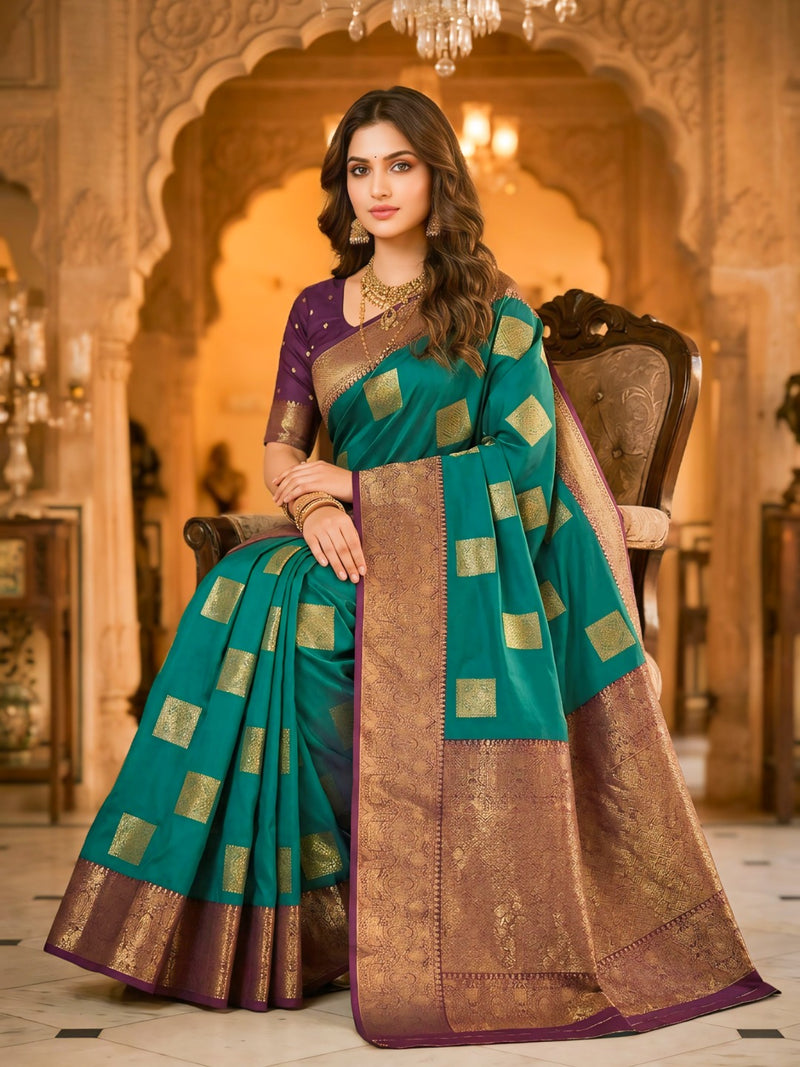 Teal Green Square Zari Motifs Silk Saree