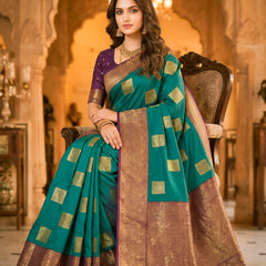 Teal Green Square Zari Motifs Silk Saree