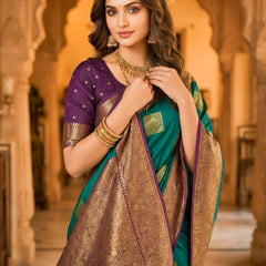 Teal Green Square Zari Motifs Silk Saree