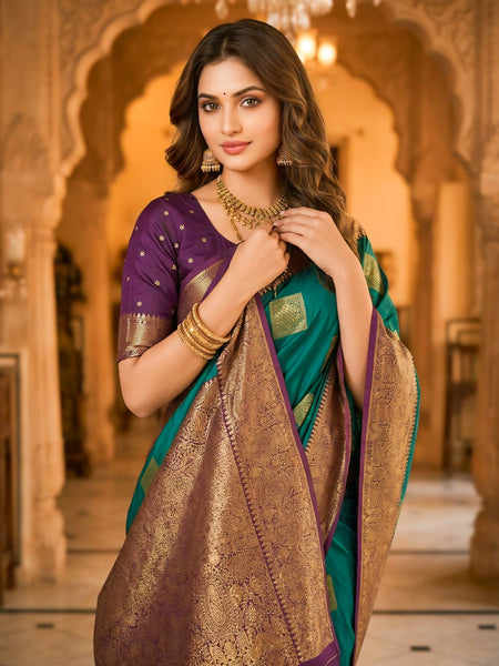 Teal Green Square Zari Motifs Silk Saree