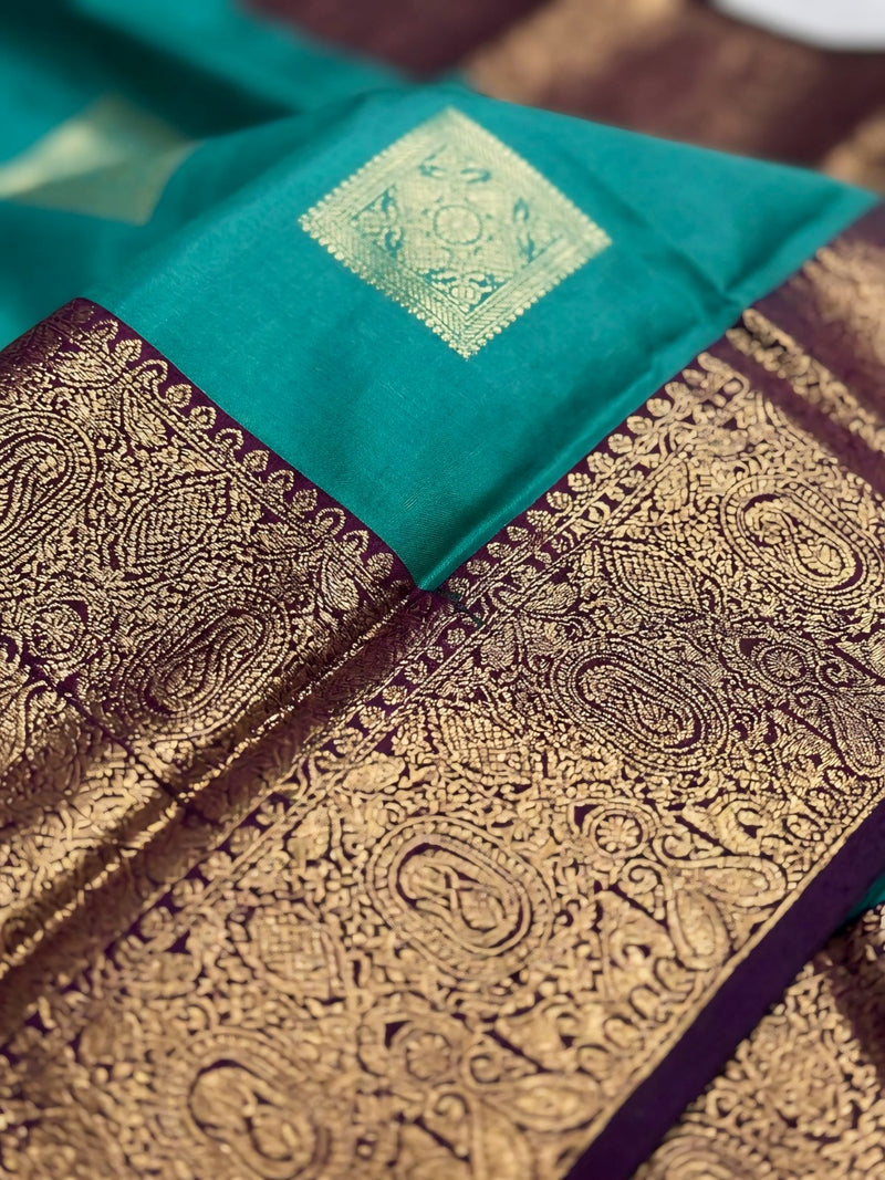 Teal Green Square Zari Motifs Silk Saree