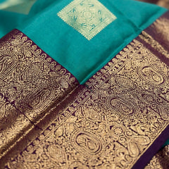 Teal Green Square Zari Motifs Silk Saree