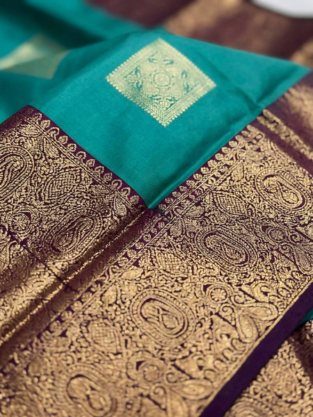 Teal Green Square Zari Motifs Silk Saree
