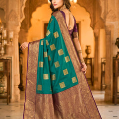 Teal Green Square Zari Motifs Silk Saree