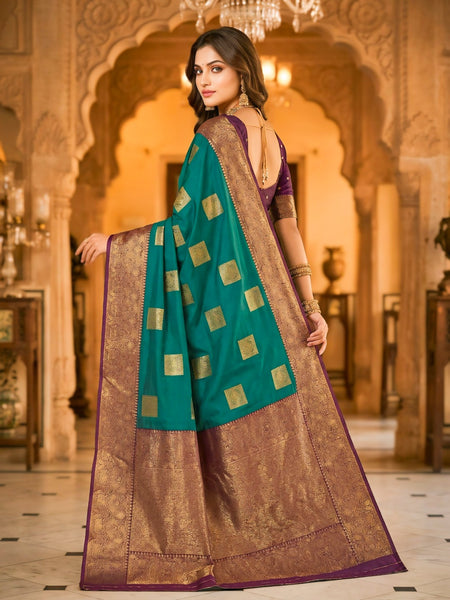Teal Green Square Zari Motifs Silk Saree