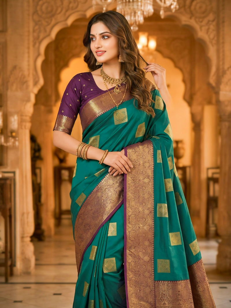 Teal Green Square Zari Motifs Silk Saree
