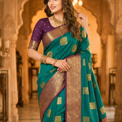 Teal Green Square Zari Motifs Silk Saree