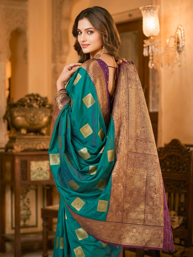 Teal Green Square Zari Motifs Silk Saree