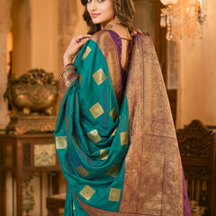 Teal Green Square Zari Motifs Silk Saree
