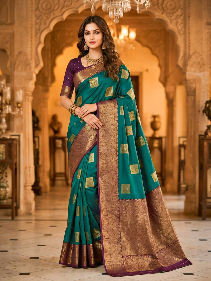 Teal Green Square Zari Motifs Silk Saree