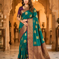 Teal Green Square Zari Motifs Silk Saree